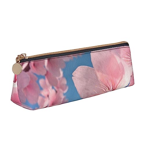 Rosa Kirschblüten Drucken Leder Bleistift Fall Stift Beutel Dreieck Tragbare Bleistift Tasche Mit Reißverschluss Für Büro, weiß, Einheitsgröße von OPSREY