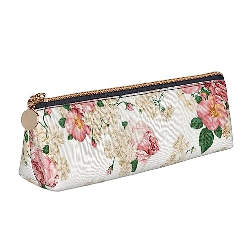 Rosa Rose Blume Mit Blättern Drucken Leder Bleistift Fall Stift Tasche Dreieck Tragbare Bleistift Tasche Mit Reißverschluss Für Büro, weiß, Einheitsgröße von OPSREY