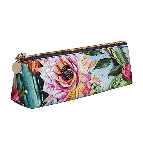 Rosen Blumen Und Kaktus Drucken Leder Bleistift Fall Stift Tasche Dreieck Tragbare Bleistift Tasche Mit Reißverschluss Für Büro, weiß, Einheitsgröße von OPSREY