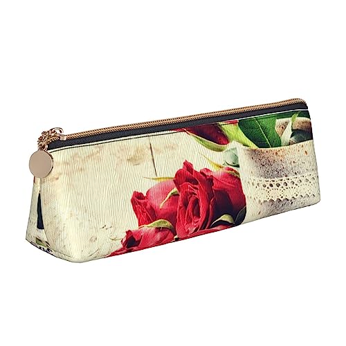 Rote Rose Blumen Drucken Leder Bleistift Fall Stift Beutel Dreieck Tragbare Bleistift Tasche Mit Reißverschluss Für Büro, weiß, Einheitsgröße von OPSREY