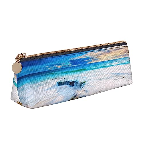 Sea Wave Landschaft Druck Leder Bleistift Fall Stift Tasche Dreieck Wasserdicht Bleistift Beutel mit Reißverschluss für Büro, weiß, Einheitsgröße, Münzbeutel von OPSREY