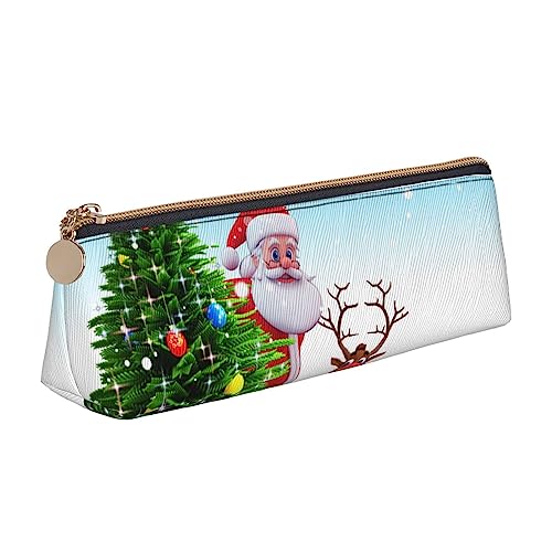 Weihnachtsmann Rentier Drucken Leder Bleistift Fall Stift Beutel Dreieck Tragbare Bleistift Tasche Mit Reißverschluss Für Büro, weiß, Einheitsgröße von OPSREY