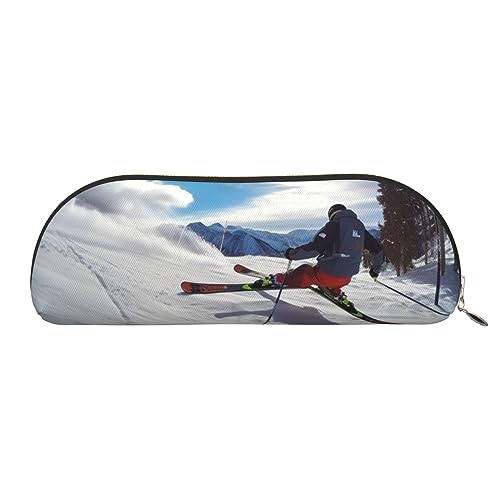 Winter Skifahren Drucken Bleistift Fall Stift Tasche Leder Wasserdicht Reißverschluss Bleistift Tasche Für Büro Reisen, gold, Einheitsgröße, Halbrund von OPSREY