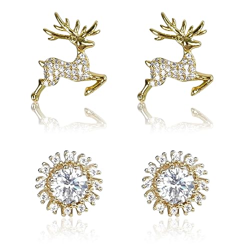 OPUHOHR 2 Paar 18K Ohrstecker Damen, Elch Schneeflocke Ohrringe für Damen, Hypoallergene Goldene Ohrringe für Frauen Mädchen Geschenke von OPUHOHR