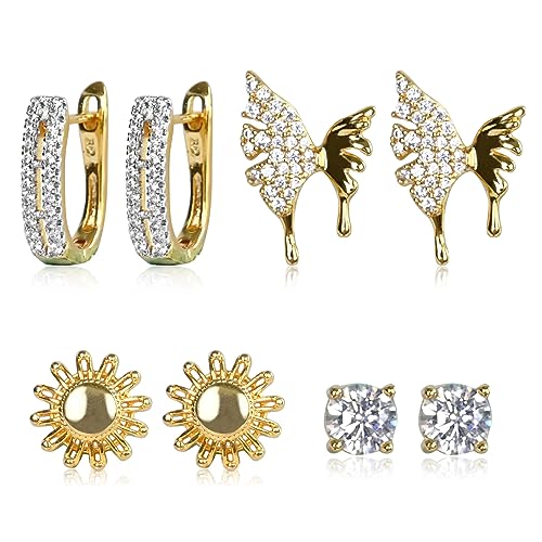 OPUHOHR 4 Paar Ohrringe 18k Gold, Ohrringe mit AAA Zirkonia, Hypoallergene Goldene Ohrstecker für Frauen Mädchen Geschenke von OPUHOHR