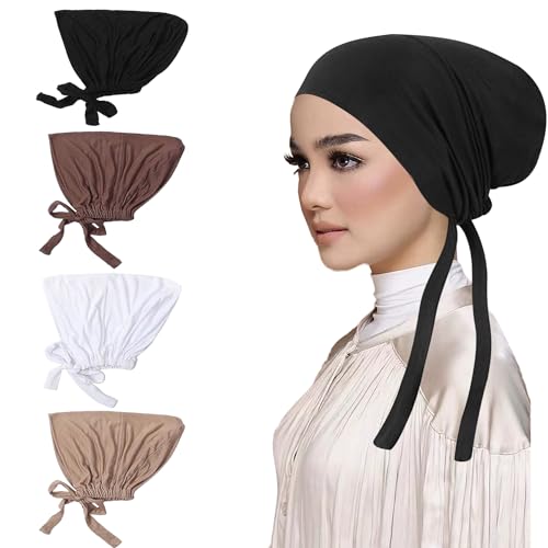 OPUHOHR 4 Stück Frauen Muslimischen Kopftuch, Mütze Turban Kopfbedeckung, Islamische Muslimische mit Tie Back Solid Color Hijab Mütze Kopfbedeckung Chemo Kopftuch Schlafmütze von OPUHOHR