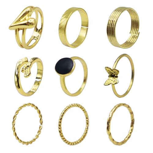 OPUHOHR 9 Stücke Gold Trendy Stapelringe Set, Schmetterlings Herzen Umarmen Finger Ring, Offene Verstellbare Ringe für Frauen Mädchen von OPUHOHR