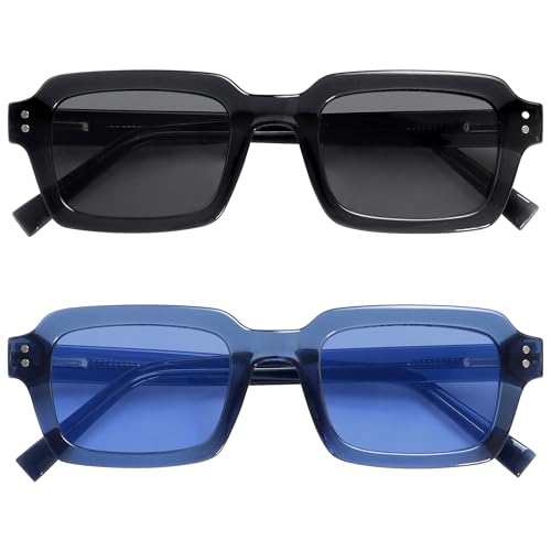 OPULIZE EDG Sunglasses for Men & Women - Vintage Rectangular Transparent Frame with Spring Hinges - Trendy Retro Sunglasses with UV400 Protection Lenses - Transparent Black/Blue (Pack of 2) von OPULIZE