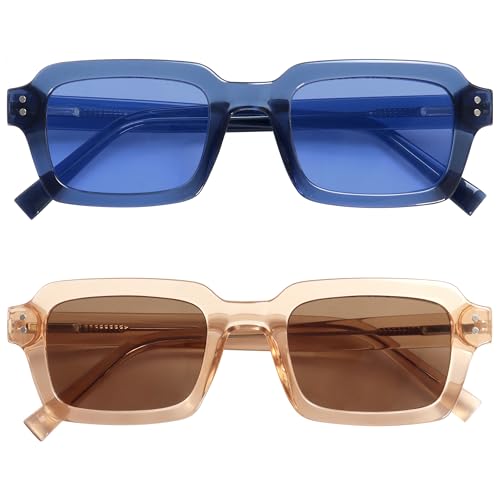 OPULIZE EDG Sunglasses for Men & Women - Vintage Rectangular Transparent Frame with Spring Hinges - Trendy Retro Sunglasses with UV400 Protection Lenses - Transparent Blue/Pink (Pack of 2) von OPULIZE