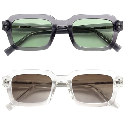 OPULIZE EDG Sunglasses for Men & Women - Vintage Rectangular Transparent Frame with Spring Hinges - Trendy Retro Sunglasses with UV400 Protection Lenses - Transparent Grey/Clear (Pack of 2) von OPULIZE