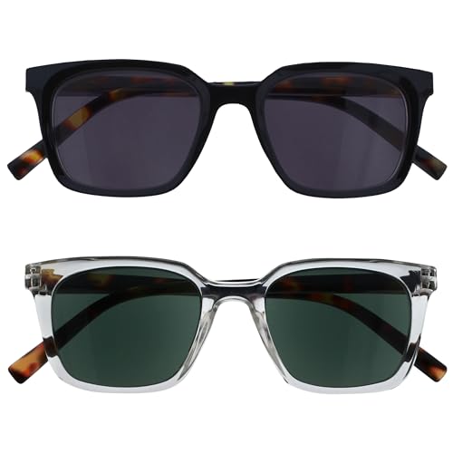 OPULIZE KOI Lese-Sonnenbrille 2 Pack - Große Rechteckige Fassung - Getöntes Glas UV400 - Schwarz-Klar - Damen Herren Unisex - Federscharniere - SS50-1C - +2.50 von OPULIZE