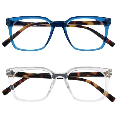 OPULIZE KOI Lesebrille 2er Pack - Große Rechteckige Brillenfassung - Blau-Durchsichtig - Damen, Herren - Federscharniere - RR50-3C - +3.50 von OPULIZE