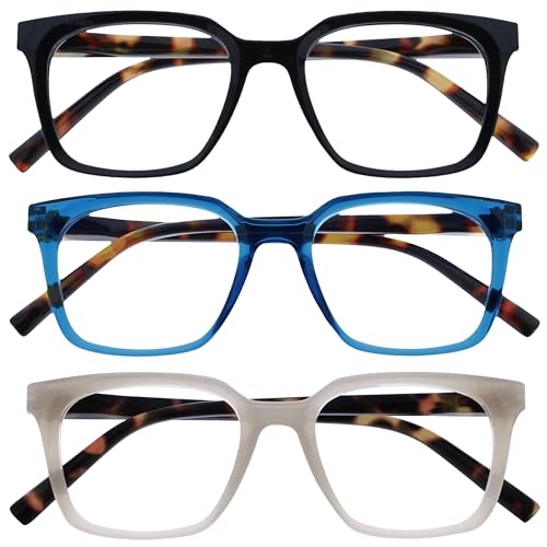 OPULIZE KOI Lesebrille 3er Pack - Große Rechteckige Brillenfassung - Schwarz-Blau-Grau - Damen Herren Unisex - Federscharniere - RRR50-137 - +2.50 von OPULIZE