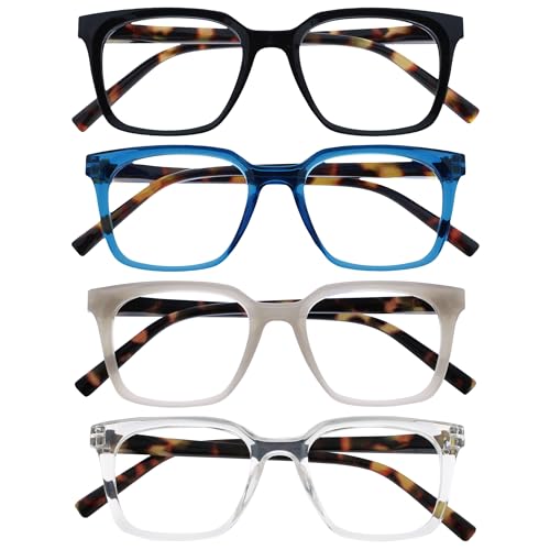 OPULIZE KOI Lesebrille 4er Pack - Große Rechteckige Fassung - Schwarz-Blau-Grau-Durchsichtig - Damen Herren Unisex - Federscharniere - RRRR50-137C - +2.00 von OPULIZE