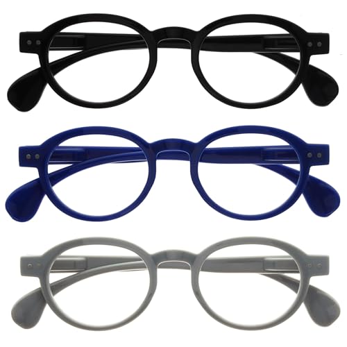 OPULIZE OCA Lesebrille - 3er-Pack - Moderne Runde Retro-Fassung - Schwarz Blau Grau - Herren Damen - Federscharniere - RRR54-137 - +1.50 von OPULIZE