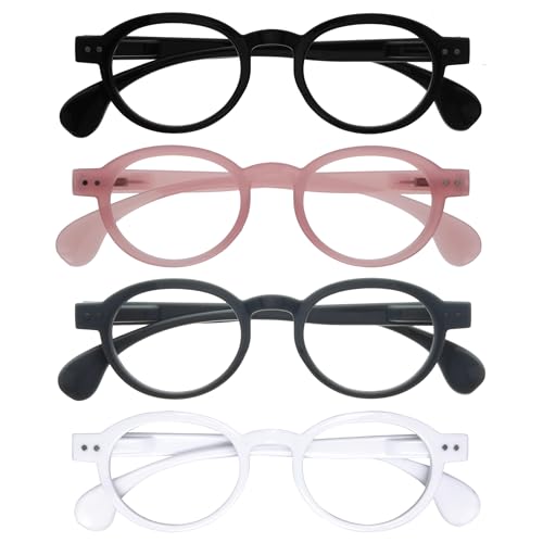 OPULIZE OCA Lesebrille - 4er-Pack - Moderne Runde Retro-Fassung - Schwarz Pink Grau Weiß - Herren Damen - Federscharniere - RRRR54-147W - +1.50 von OPULIZE