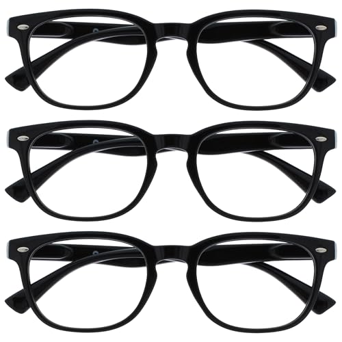 OPULIZE ORA Lesebrille für Damen Herren, Designer Stil, Leser mit Federscharnier, Rechteckiger Rahmen, 3er-Pack Schwarz +1,50 von OPULIZE