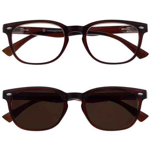 OPULIZE ORA Lesebrille für Damen und Herren mit Lesesonnenbrille, Blendfreie UV400-Schutz Federscharnier Anti-Müdigkeit, Runder Rahmen, 2er-Pack Dunkel braun +2,00 von OPULIZE
