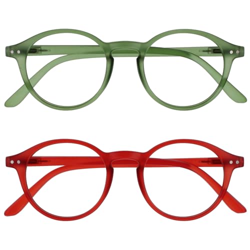 OPULIZE REY Lesebrille - 2er-Pack - Runder Retro-Rahmen - Mattgrün, Rot - Herren Damen - Federscharniere - RR56-6Z - +1.00 von OPULIZE