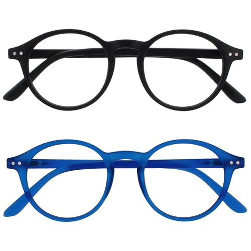 OPULIZE REY Lesebrille - 2er-Pack - Runder Retro-Rahmen - Mattschwarz, Blau - Herren Damen - Federscharniere - RR56-13 - +2.50 von OPULIZE
