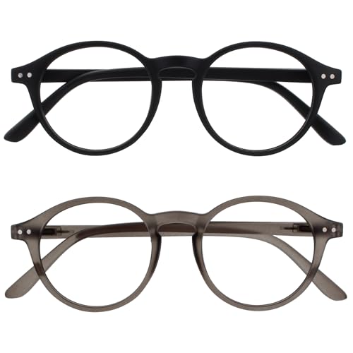 OPULIZE REY Lesebrille - 2er-Pack - Runder Retro-Rahmen - Mattschwarz, Grau - Herren Damen - Federscharniere - RR56-17 - +2.00 von OPULIZE