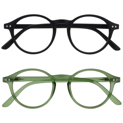 OPULIZE REY Lesebrille - 2er-Pack - Runder Retro-Rahmen - Mattschwarz, Grün - Herren Damen - Federscharniere - RR56-16 - +2.50 von OPULIZE