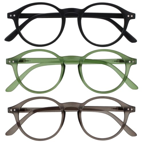 OPULIZE REY Lesebrille - 3er-Pack - Runder Retro-Rahmen - Mattschwarz, Grün, Grau - Herren Damen - Federscharniere - RRR56-167 - +3.00 von OPULIZE