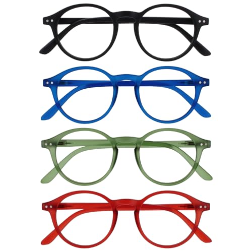 OPULIZE REY Lesebrille - 4er-Pack - Runder Retro-Rahmen - Mattschwarz, Blau, Grün, Rot - Herren Damen - Federscharniere - RRRR56-136Z - +1.50 von OPULIZE