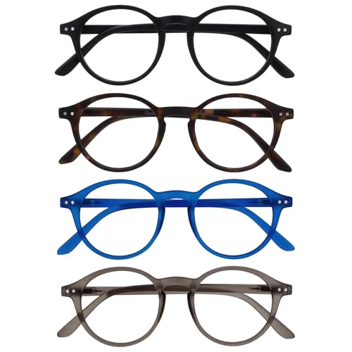 OPULIZE REY Lesebrille - 4er-Pack - Runder Retro-Rahmen - Mattschwarz, Braunes Schildpatt, Blau, Grau - Herren Damen - Federscharniere - RRRR56-1237 - +3.00 von OPULIZE