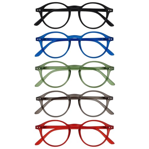 OPULIZE REY Lesebrille - 5er-Pack - Runder Retro-Rahmen - Mattschwarz, Blau, Grün, Grau, Rot - Herren Damen - Federscharniere - RRRRR56-1367Z - +2.50 von OPULIZE
