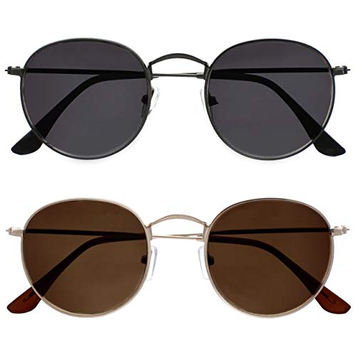 OPULIZE Sol Sonnenbrille 2er Pack Dünner Rand Runde Retro-Metallfassungen Kratzfest Getönte Linse UV400-Schutz Metallgrau Schwarze Gold Braun Herren Damen SS94-79 von OPULIZE