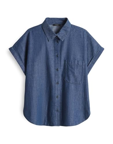 OPUS Damen Kurzarmbluse | FOLMES Loose Jeansbluse aus Chambray mid Oxford Blue, 44 von OPUS