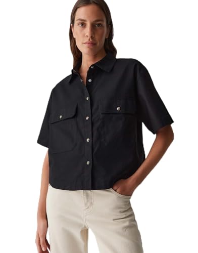 OPUS Damen Kurzarmbluse | Hemdbluse FRINGO Boxy Fit aus Leinen Mix Black, 36 von OPUS