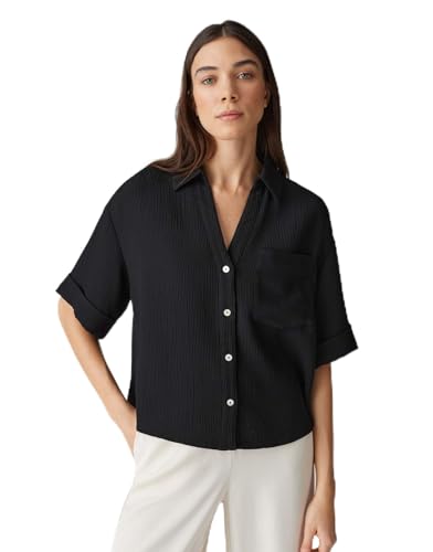 OPUS Damen Kurzarmbluse | Hemdbluse Fiora Loose im Crinkle-Look Black, 36 von OPUS
