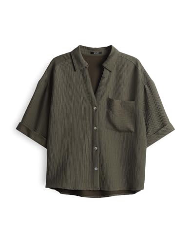 OPUS Damen Kurzarmbluse | Hemdbluse Fiora Loose im Crinkle-Look Olive Leaf, 36 von OPUS