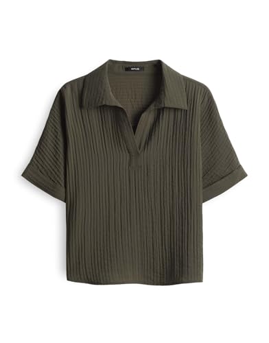 OPUS Damen Kurzarmbluse | Verkürzte Hemdbluse FELSA Loose in Crinkle Optik Olive Leaf, 40 von OPUS