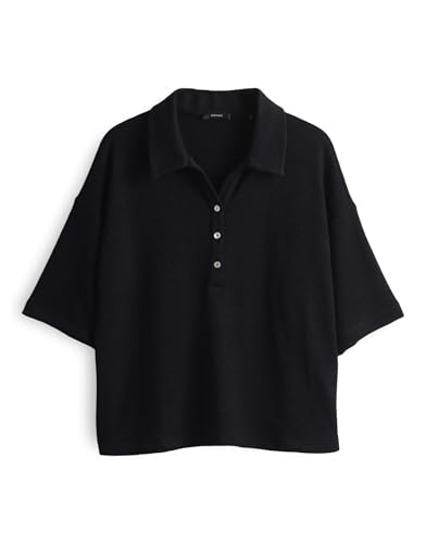 OPUS Damen Kurzarmshirt | Poloshirt SILKAS Loose in Strickoptik Black, 44 von OPUS