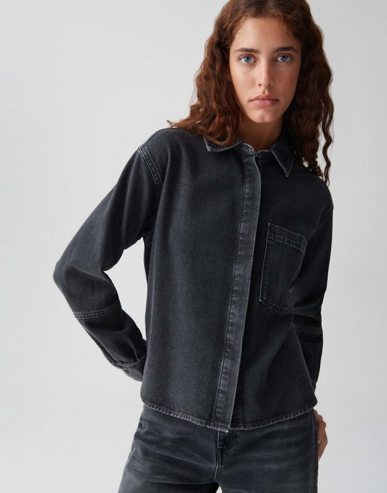 OPUS Jeansbluse FEMORI aus nachhaltigem BCI Cotton Mix überschnittene Schulter mit Langarm, matter Glanz in der Oberfläche von OPUS