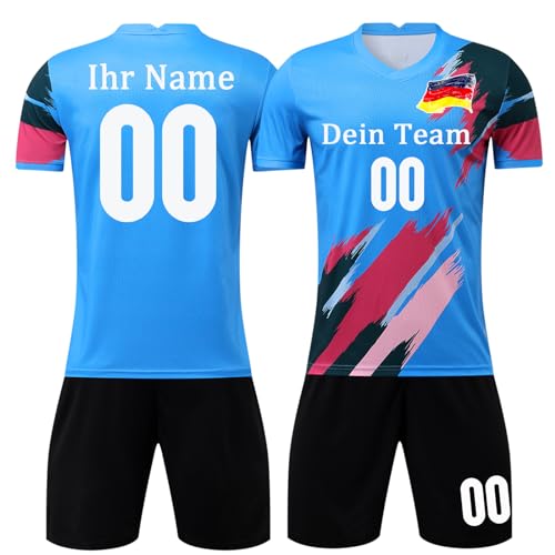 OPUTWDF Personalisierte Fussball Trikot Set Kinder Jungs Herren mit Eigenem Namen Nummer Logo Trikot Personalisiert Kurzarmtrikot Shorts Set von OPUTWDF
