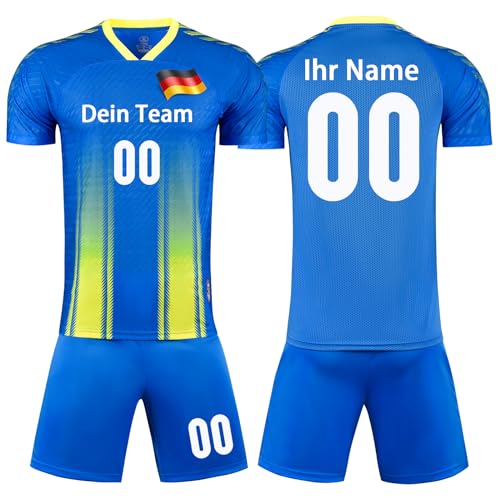 OPUTWDF Personifizieren Fussball Trikot Kinder Erwachsene Hemd & Kurze Set mit Nummer Name Team Logo Fußball Trikot Set (Buntes Blau) von OPUTWDF