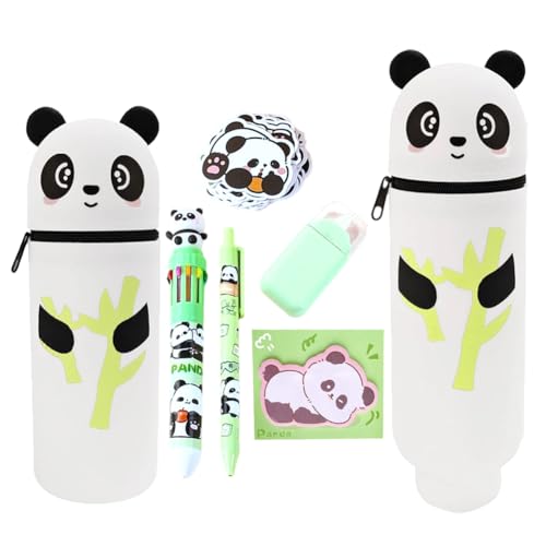OPVXZAD Kawaii Panda Federmäppchen Set Silikon Stiftemäppchen Schuletui Geschenkset mit 10 Farben Stift Gelstift Korrekturmaus Notizzettel Sticker für Mädchen Jungen Schule Büro von OPVXZAD