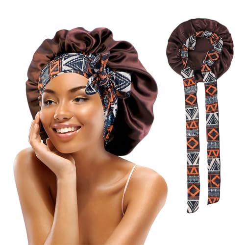 OPVYAEU Satin Haarhaube Bonnet für Die Nacht Schlafhaube Seide Weiche Seidenhaube Zum Schlafen Bonnet Sleep Cap Atmungsaktive Schlafmütze Damen Mädchen(Schwarz) von OPVYAEU