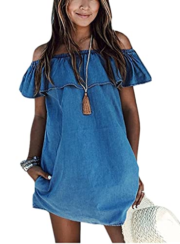 OQC Blaues Jeanskleid für Damen, schulterfrei, Rüschen, kurze Ärmel, lockeres Denim-Minikleid mit Tasche, Denim Blau, Groß OQC Blaues Jeanskleid für Damen, schulterfrei, Rüschen, kurze Ärmel, lockeres Denim-Minikleid mit Tasche, Denim Blau, Groß von OQC