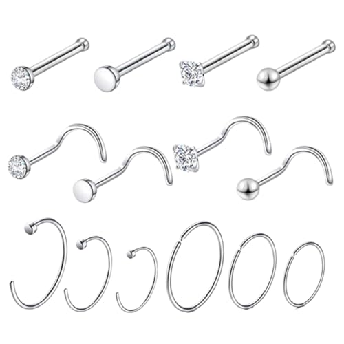 OQKAHIV 14 pcs Nasenpiercing, Nasenstecker Nasenpiercing Set, Nasenpiercing Chirurgenstahl Ringe, Nasenring Silber Dünnschmuck Nasen piercing Stecker Set Frauen Mädchen Männer, Nostril Schmuck Damen von OQKAHIV