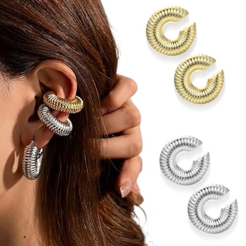 OQKAHIV 2 Paare Dicke Ohrringe, Gold Silber Ohrringe Creolen, Chunky Ohrringe, Kleine Ohrringe Damen, Silber Ohrringe Klobig Kleine, Klobig Dick Knorpel Mini Kleine Leicht Breit Ohrringe Mädchen von OQKAHIV