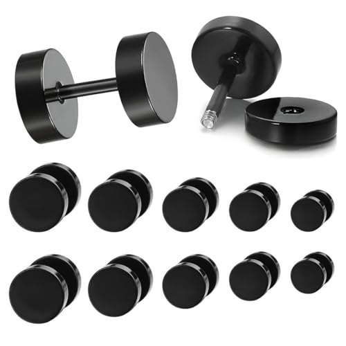 OQKAHIV 5 Paar schwarze Fake Plugs Ohrringe, Edelstahl Fakeplugs in verschiedenen Größen (6-12mm), Nickelfrei, perfekt für Männer, Frauen, Creolen Ohrschmuck für jedes Outfit von OQKAHIV