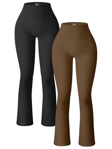 OQQ 2-teilige Yogahose für Damen, gerippt, nahtlos, Workout, hohe Taille, Glockenhose, ausgestellte Leggings, Schwarz, Kaffee, X-Groß von OQQ