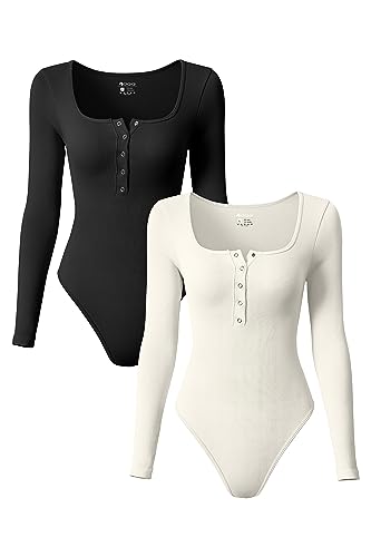 OQQ 2-teiliger Damen-Body, sexy, gerippt, einteilig, langärmelig, Knopfleiste, quadratischer Ausschnitt, Bodys, Schwarz, Beige, L von OQQ