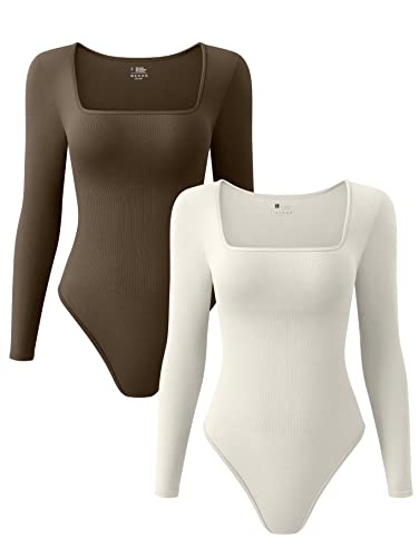 OQQ 2-teiliger Damen-Body, sexy, gerippt, einteilig, quadratischer Ausschnitt, langärmelig, Kaffee / Beige, L von OQQ