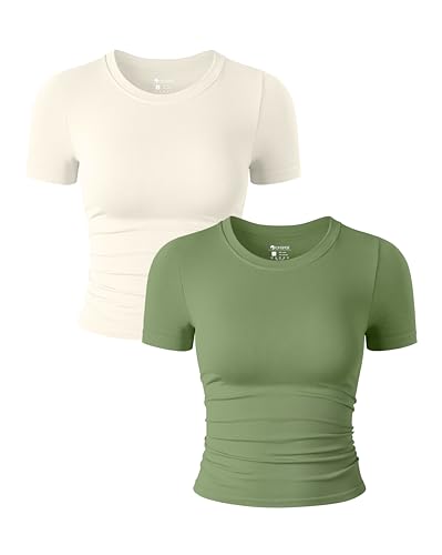 OQQ 2-teiliges Damen-Shirt Kurzärmelig Rundhalsausschnitt Gerüscht Stretch Enganliegend Bauchfrei Erbsengrün Beige von OQQ